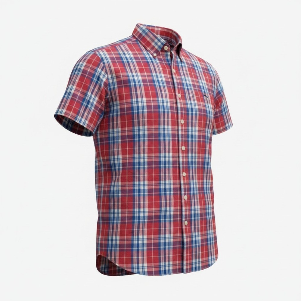 Vineyard Vines Button Down Mens Medium Red Blue Plaid Whale Shirt Short Sleeve